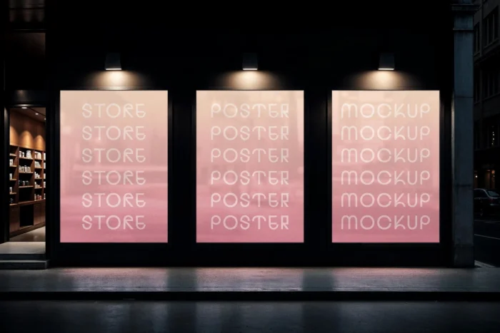 Three vertical poster designs in storefront mockup with illuminated glass reflections