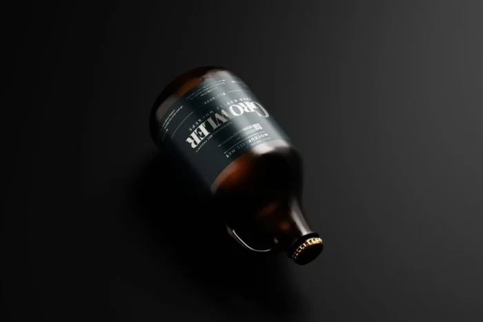 Free growler beer bottle mockup PSD set, 10 photorealistic scenes, editable background, high resolution.