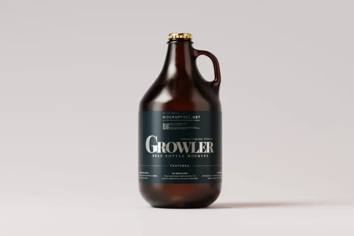 Free growler beer bottle mockup PSD set, 10 photorealistic scenes, editable background, high resolution.
