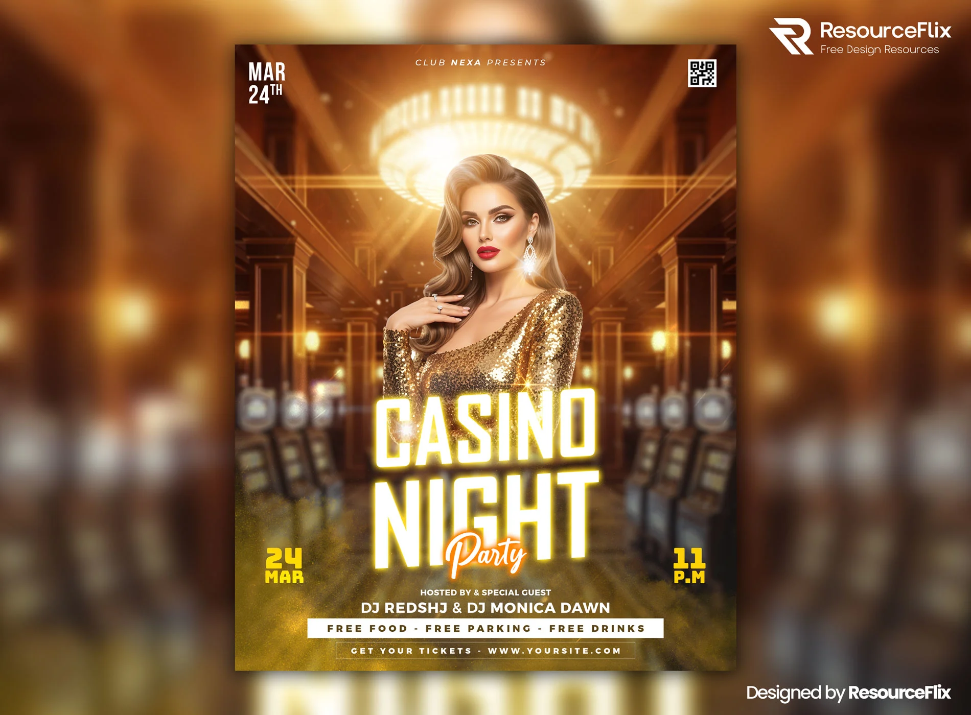 Casino Night Party Flyer PSD with glamorous golden theme and elegant typography, perfect for social media or print promotion