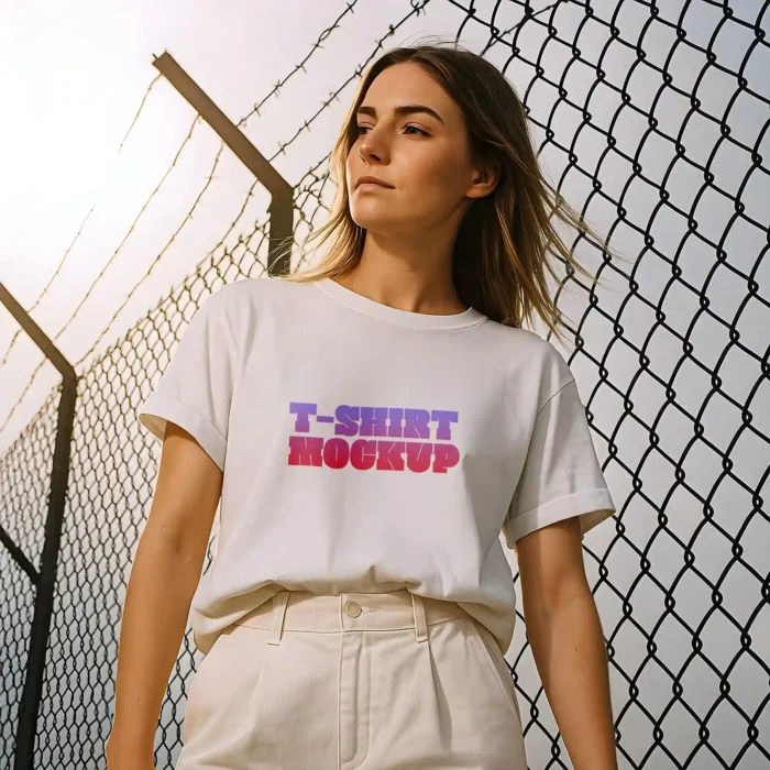 Free aesthetic style t-shirt mockup with realistic outdoor model in white tee