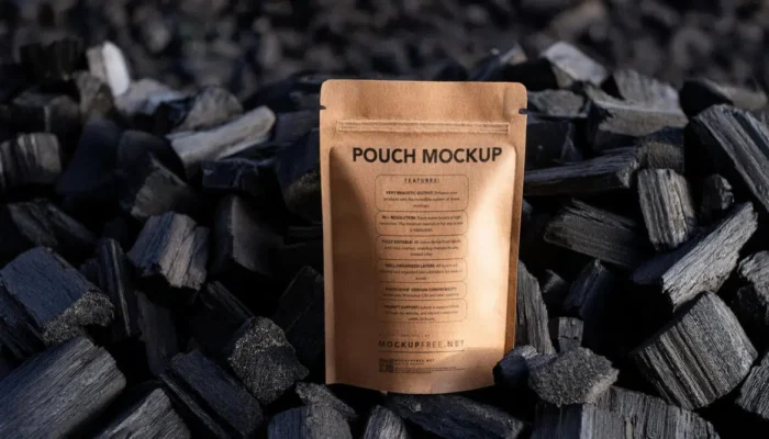Free craft paper pouch mockup PSD with realistic charcoal background, eco-friendly natural packaging design