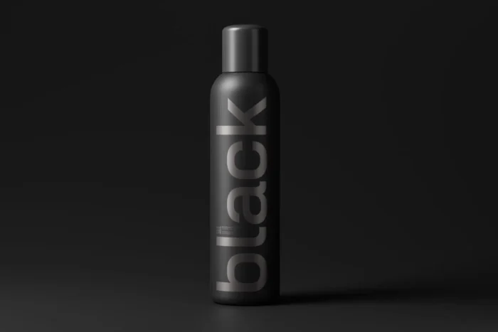 Matte black deodorant bottle mockup PSD with realistic cosmetic packaging style