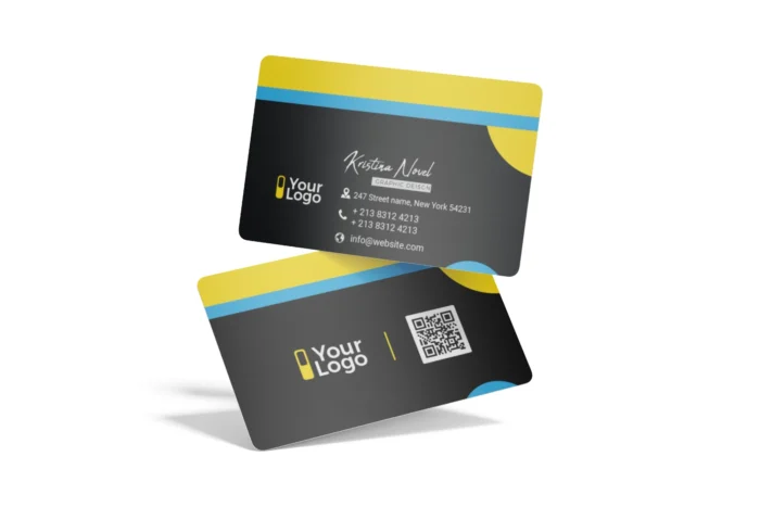 Playful business card PSD template with bold text and geometric background