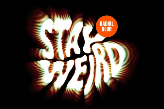 Radial blur text effect with glitchy CRT color distortion in PSD format