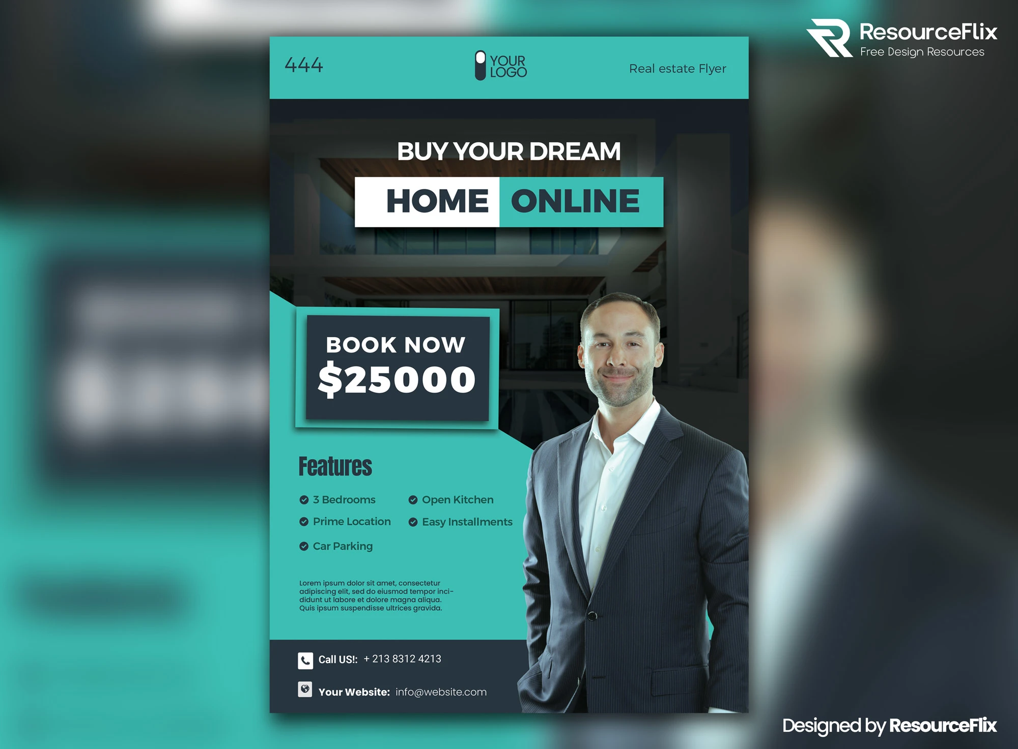 Real estate flyer with agent photo and home features in a modern A4 layout