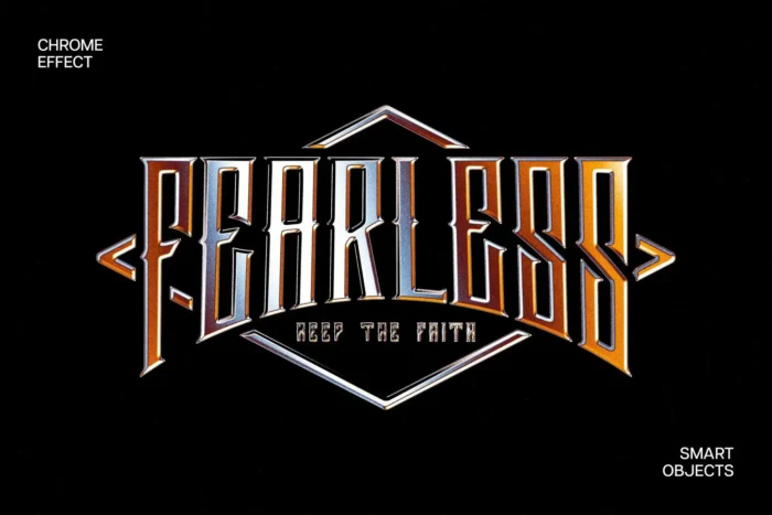 Free Retro chrome text effect PSD with bold 80s metallic style, orange-blue gradient, perfect for vintage logos and editorial headlines
