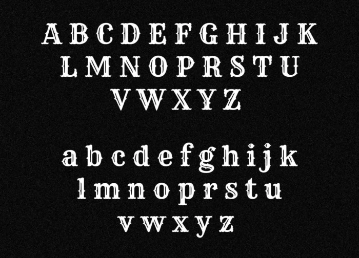 Rye Display Font showing full uppercase and lowercase alphabet in vintage style