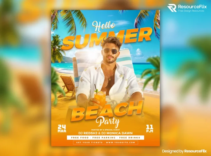 Summer beach bash party flyer with tropical palm trees, cocktail, and sunny beach theme