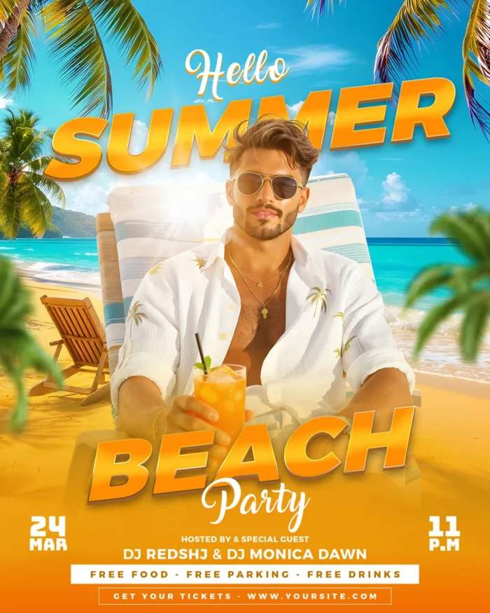 Editable PSD flyer with bold tropical typography and summer-themed graphics