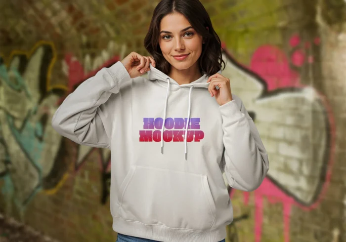Realistic street style hoodie mockup with graffiti background for apparel design presentations