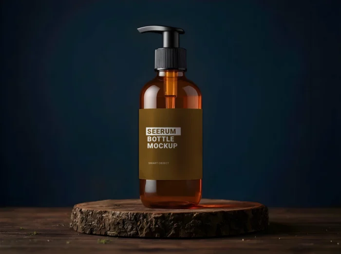 Amber serum bottle mockup with pump on wooden base for skincare branding