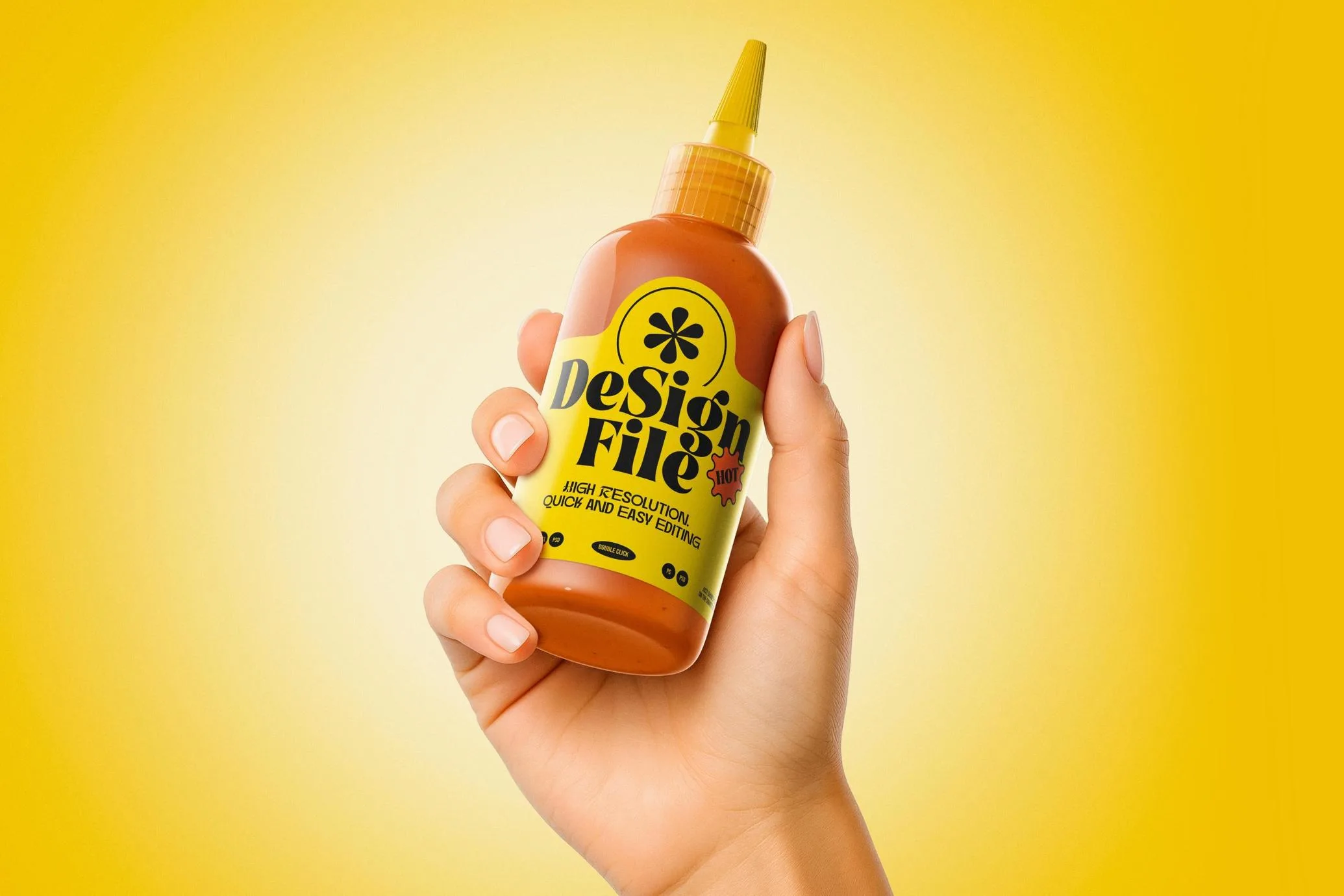 Realistic sauce bottle mockup PSD with editable label and isolated shadows