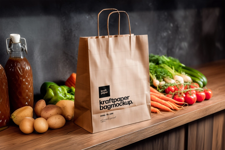 Free Kraft Paper Bag Mockup on Kitchen Table