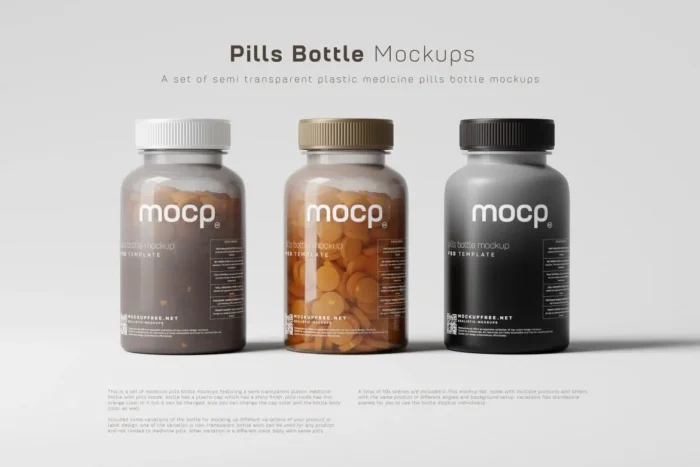 Free Set of 10 Semi-Transparent Pills Bottle Mockups