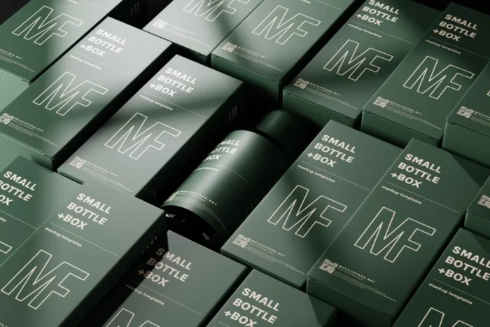 Free Small Liquid Cosmetic Bottle and Box Mockups