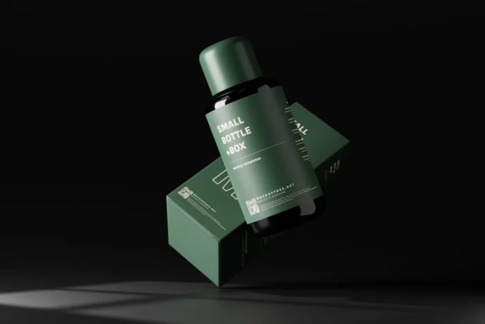 Free Small Liquid Cosmetic Bottle and Box Mockups PSD