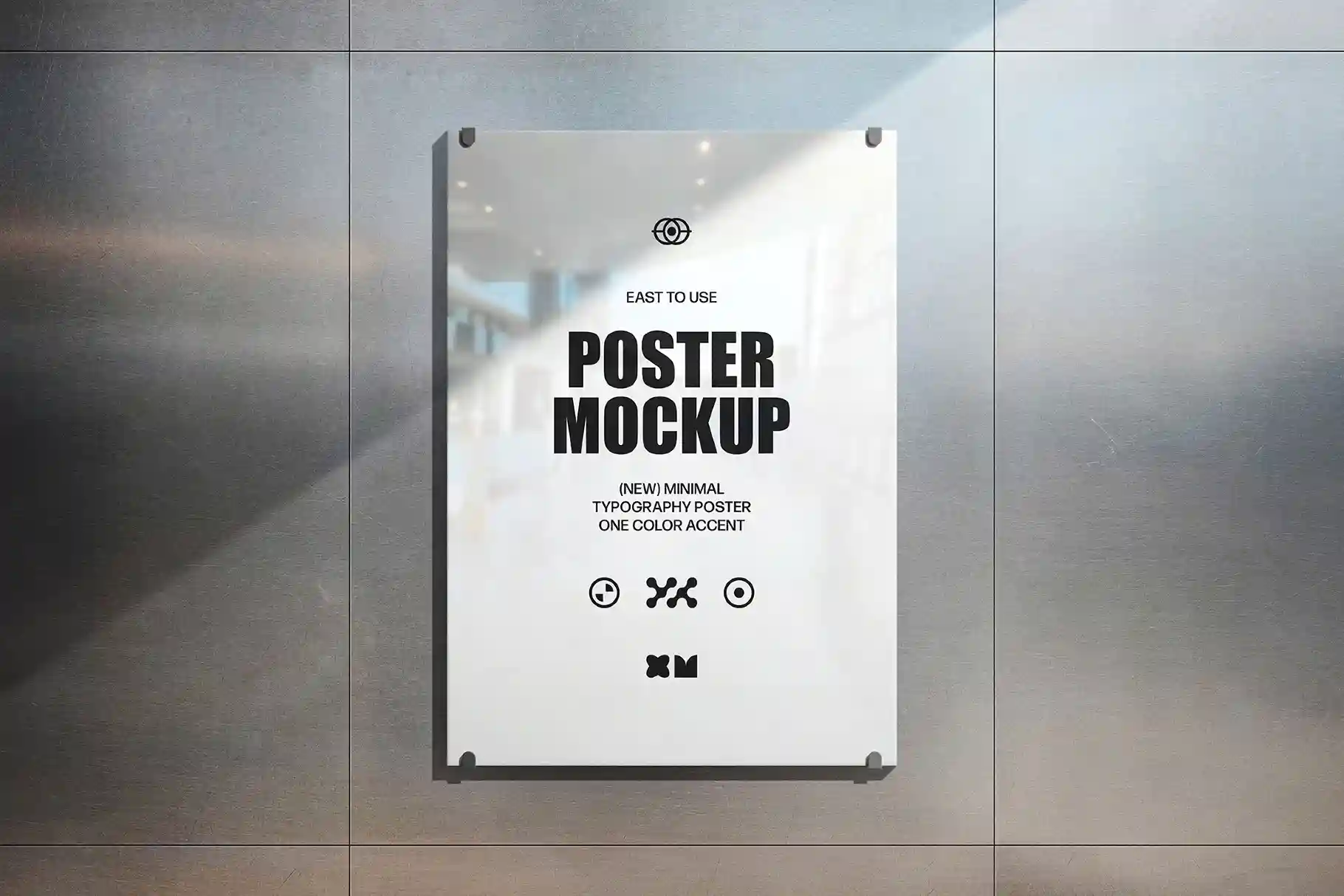 Glass Poster Mockup on Metal Wall PSD