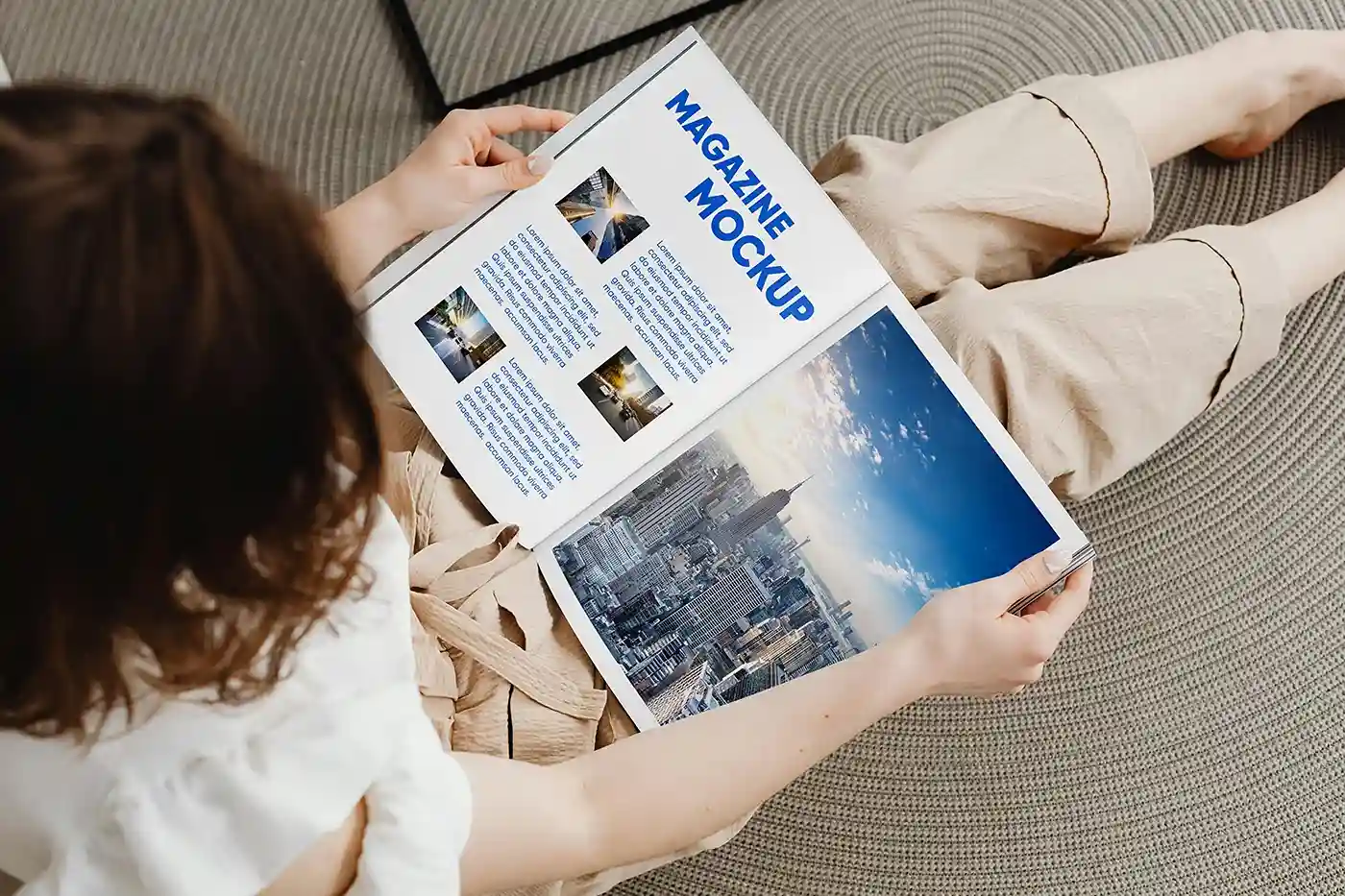 Free Magazine in a Woman’s Hands Mockup PSD