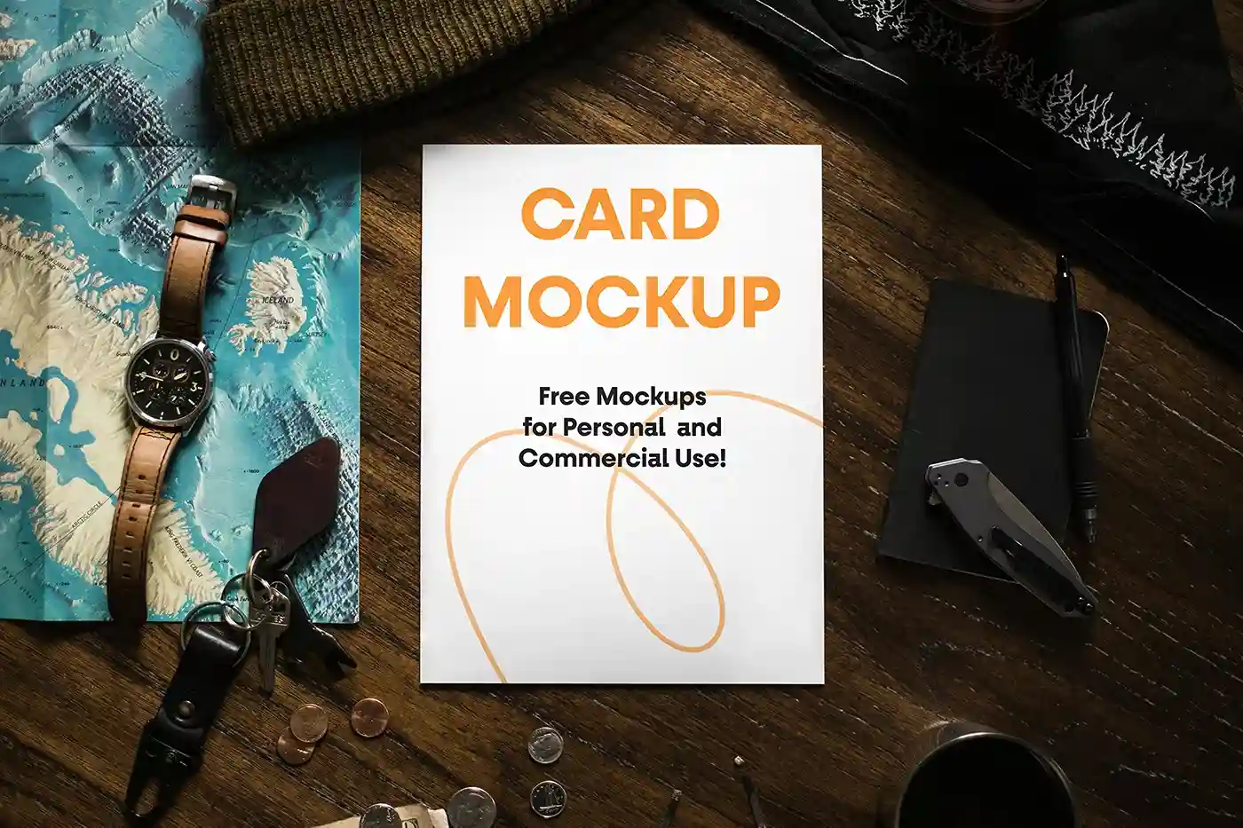 Free A4 Paper Card on Desk Mockup