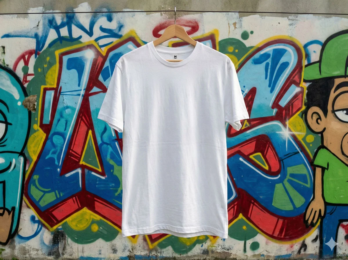 new t shirt mockup behind gfraffiti wall3
