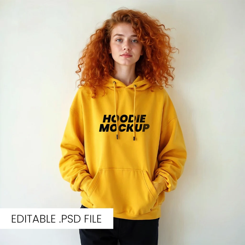 Curly hair Girl wearing yellow hoodie mockup
