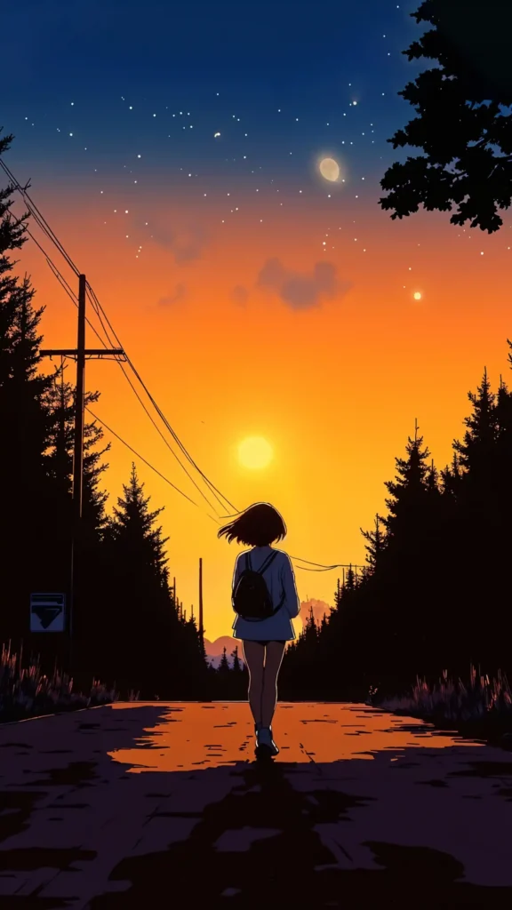 Alone Anime Girl Walking Towards Sunset – iPhone Wallpaper