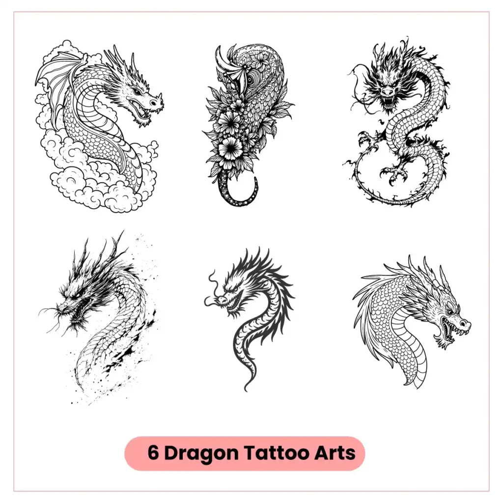 Set of 6 Mythical Dragon Tattoo Line Arts